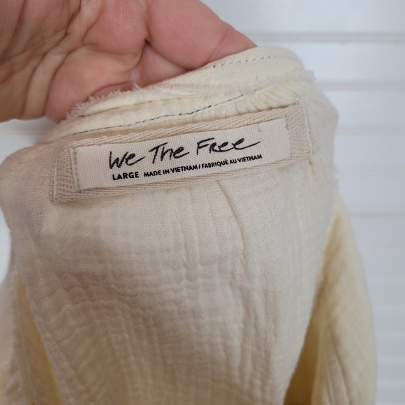 Free People Ivory Cotton Button Down Boho Frayed Long Sleeve Top Large - Picture 6 of 9